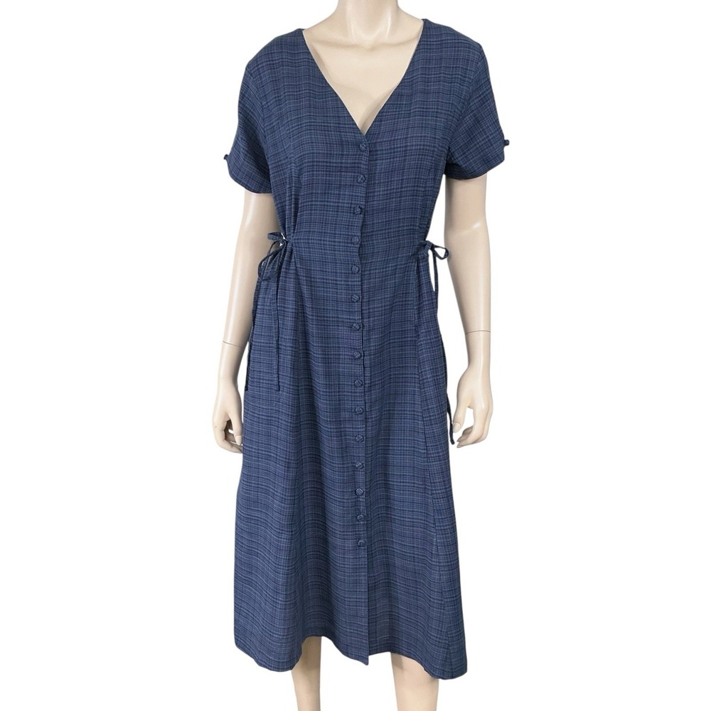 Odd Bird Dress Women Medium Blue Midi Short Sleeve Plaid Dilek Button NWT $210